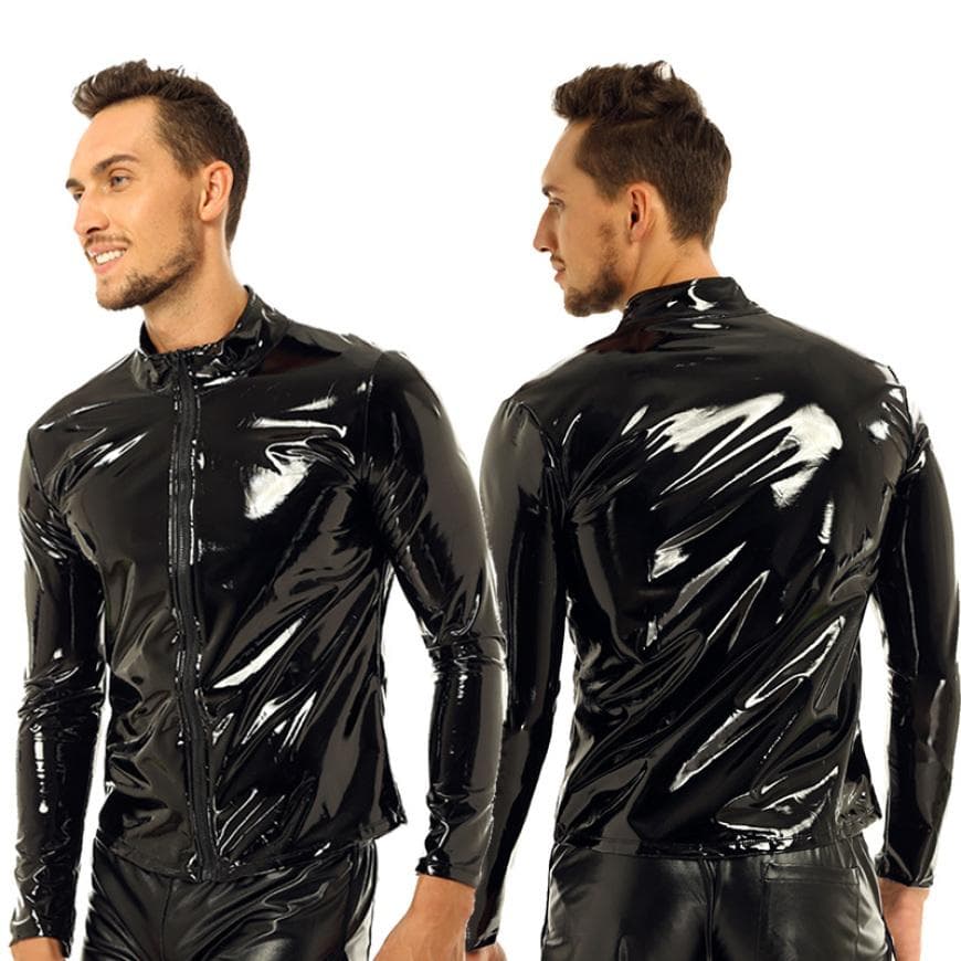Men Shiny Metallic Long Sleeve Front-Zip Stand Collar Tops Wet Look Patent Leather Nightclub Style T-shirt Top Coat 3XL black