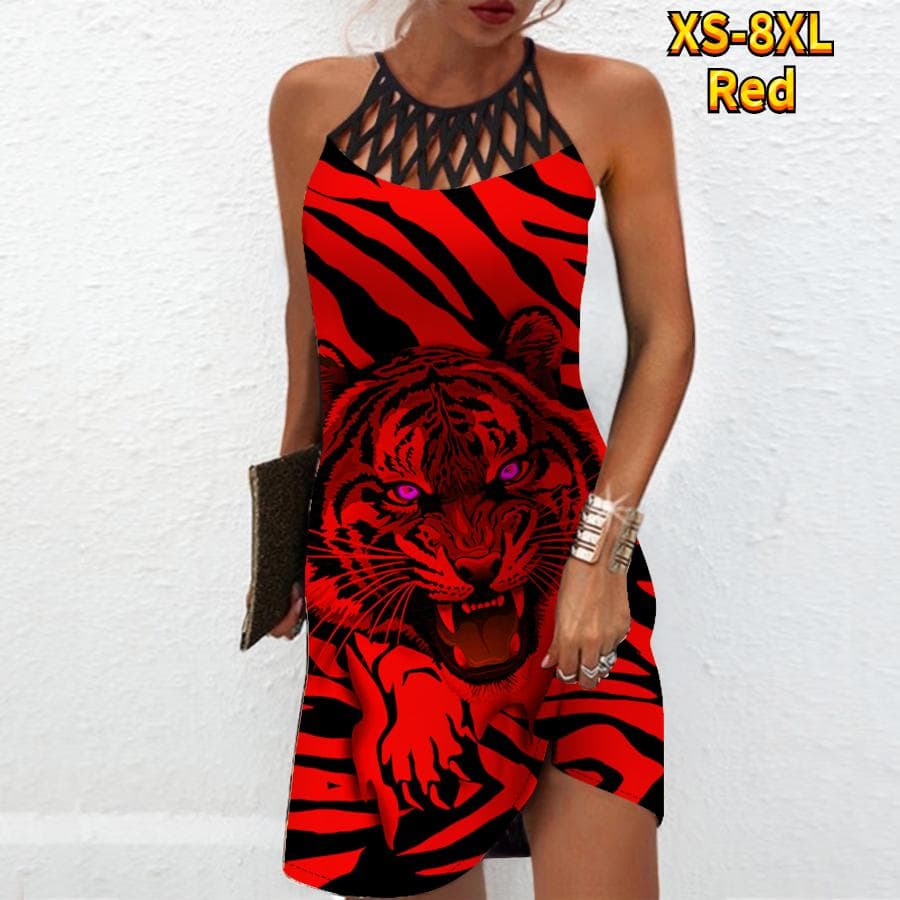 Summer Fashion Sexy Sleeveless Dress Soft Casual 3D Tiger Print Dress Sleeveless Sling Dress Summer Suspender Dress XL red