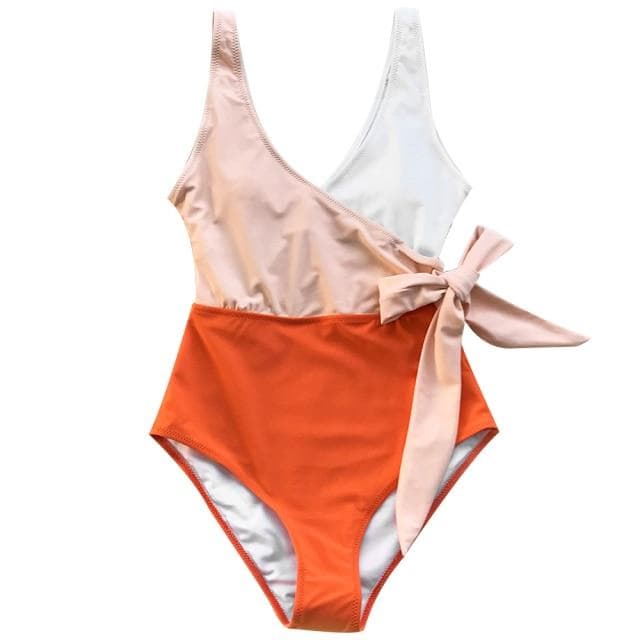 Orange and White Colorblock One-piece Swimsuit Women Patchwork Belt Bow Monokini 2023 V-neck Beach Bathing Suit Swimwear S orange