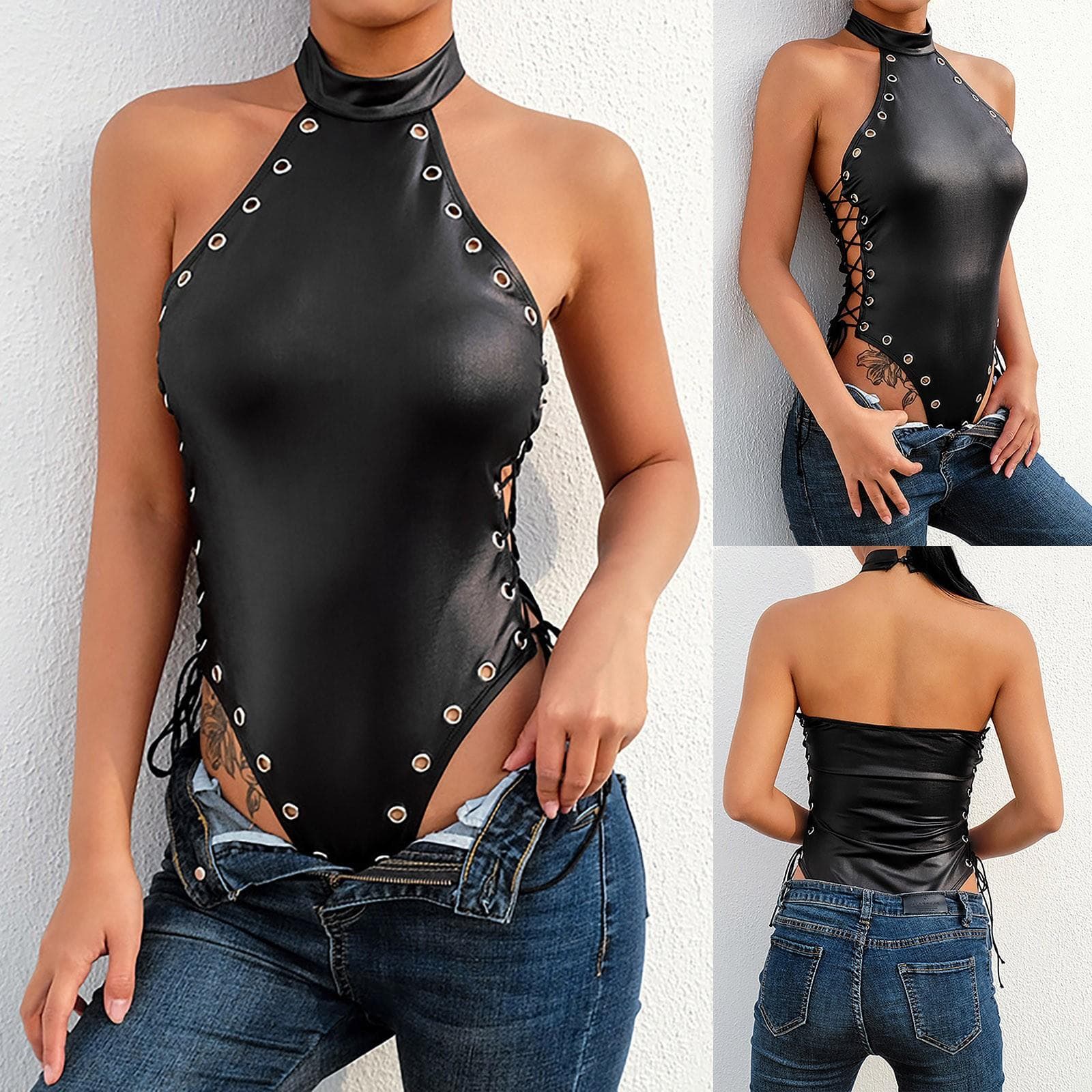 Sexy One-piece Side Tie Neck Open Back Leather Jumpsuit Set XXXL black
