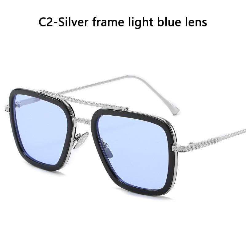 Square Edith Sunglasses Vintage Tony Stark Silver Metal Frame Blue Lens Steampunk Eyewear for Men Women SHOW AS PICTURE