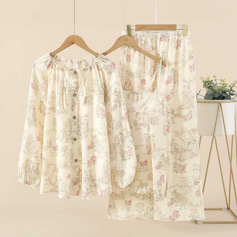 Spring and Summer New Women's Pajama Set 100% Cotton Crepe Long Sleeve + Suspenders + Pants Three-piece Lace Suit for Women L