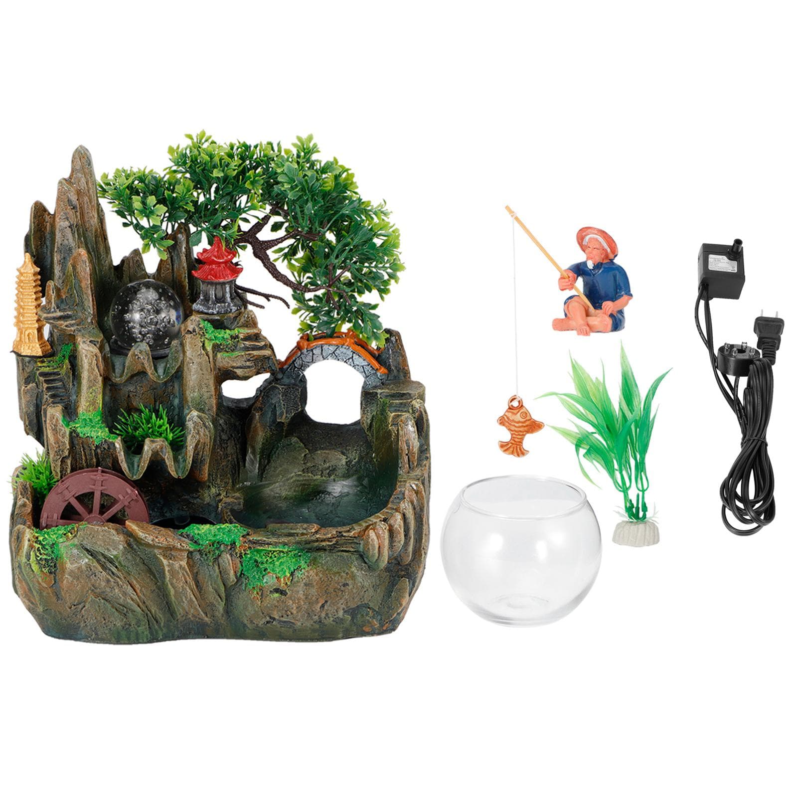 LED Desktop Fountain Resin Rockery Fish Container with Ball Home Office Desk DecorationUS Plug