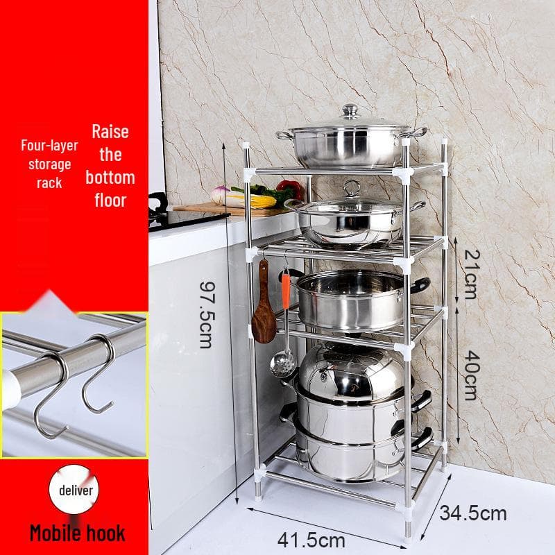 Stainless Steel Multi-Layer Floor-Standing Rack for Kitchen and Bathroom Basin and Pot Storage