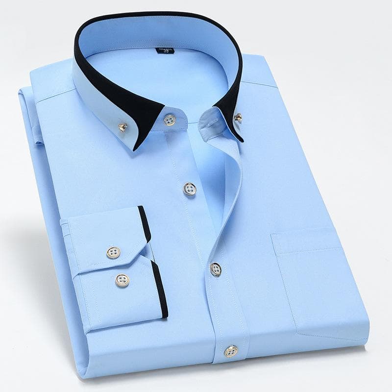 Spring Autumn Men's Contrast Collar Elastic Long Sleeve Shirt Business Leisure Comfortable Non Iron Shirt Youth Solid Color Top 41 light blue