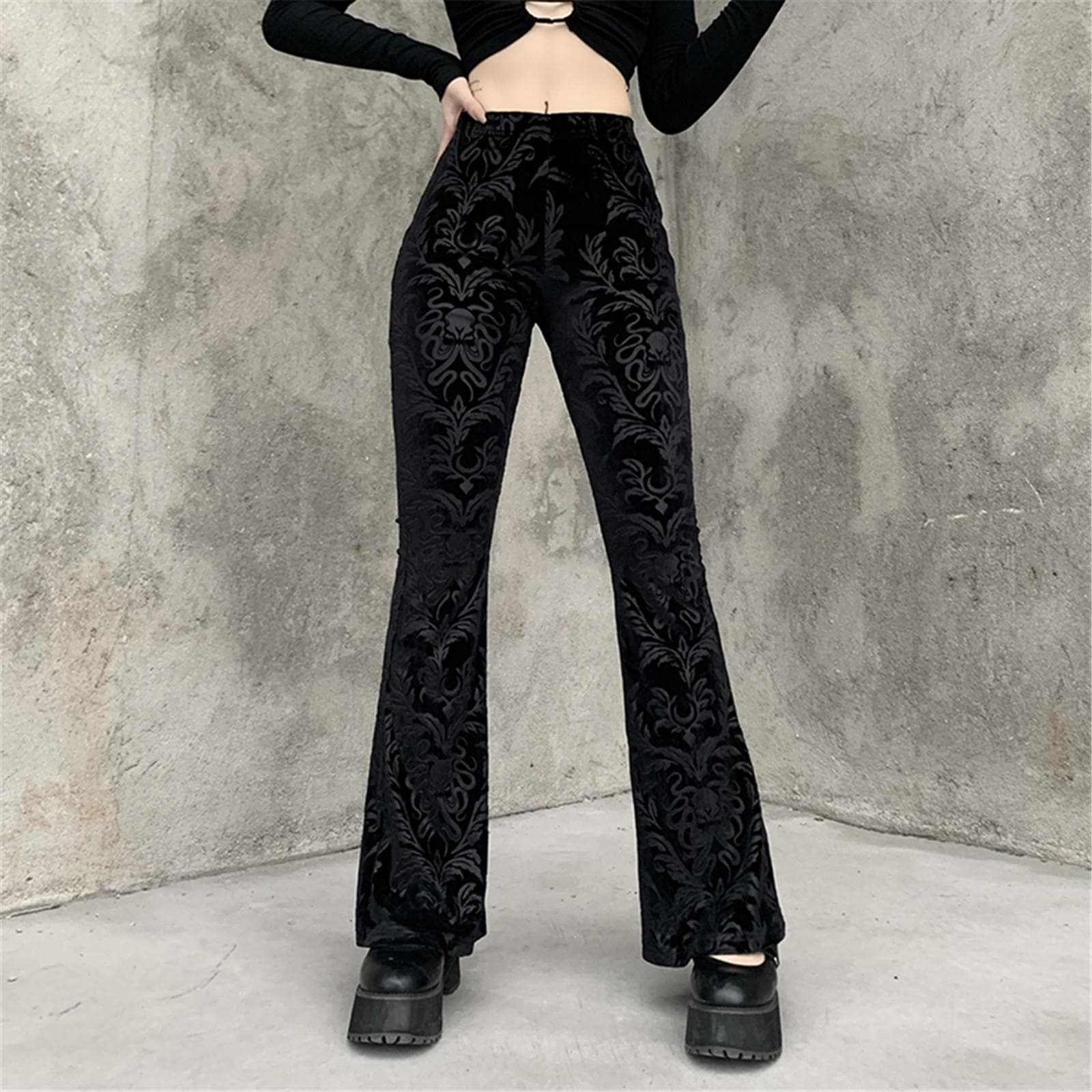 Women's Fashion Casual Pants Vintage Gothic Othic Print High Waist Trousers M black