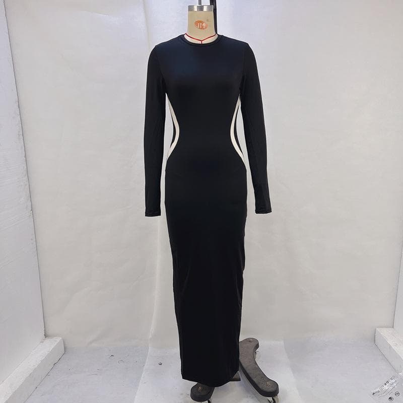 Women's Autumn and Winter Slim Round Neck Long Sleeve Finger Cover Dress L black
