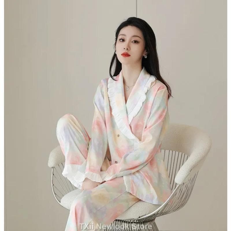 New Style Pajamas for Women, Spring and Autumn Ice Silk Long Sleeves, Fresh and Sweet Jacket, Home Wear Set XL