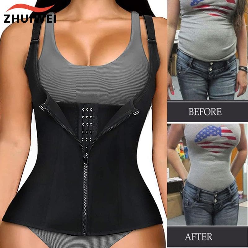 Women Waist Trainer Corset Zipper Vest Body Shaper Shapewear Slimming Belt Neoprene Sauna Tank Top Sports Girdle S