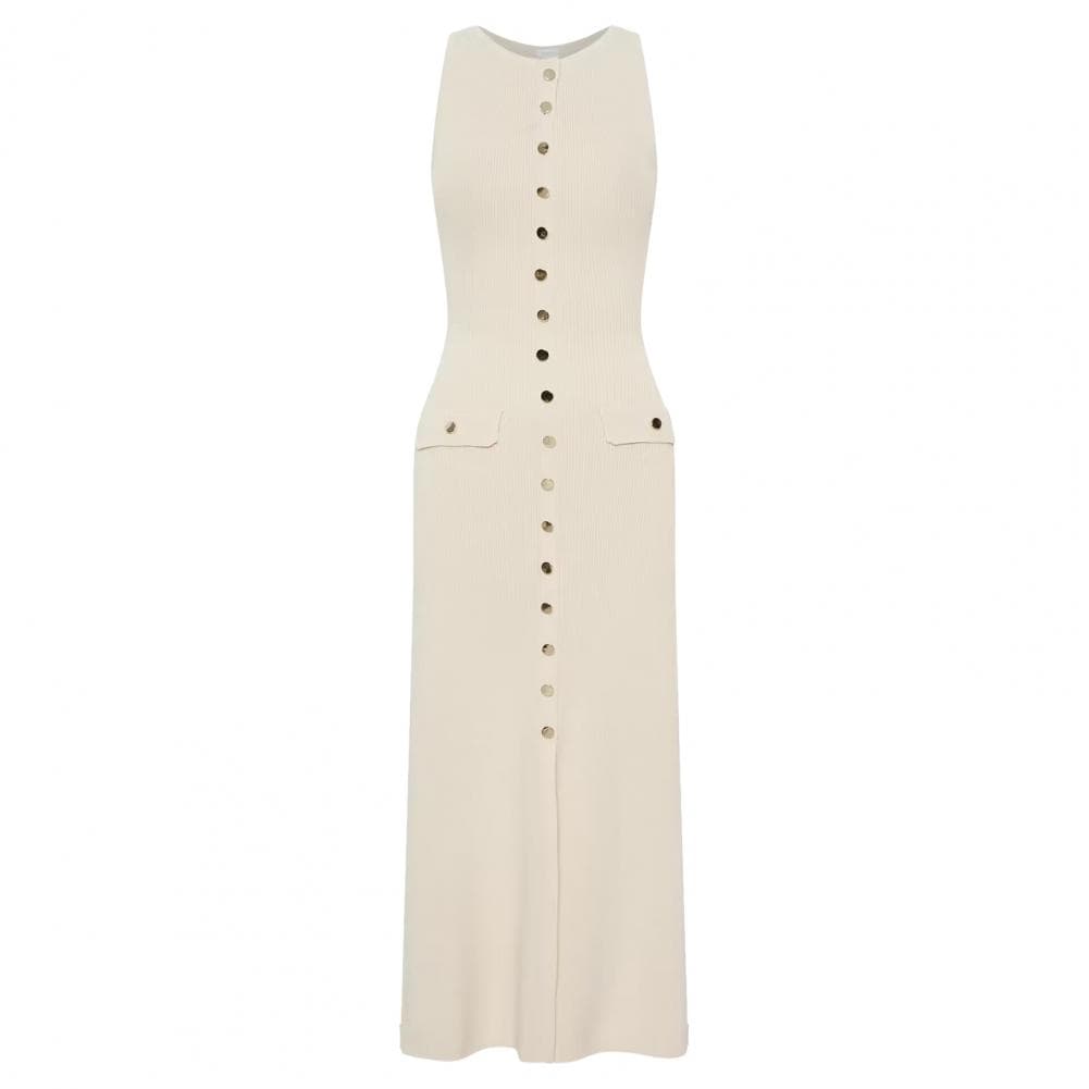 Summer Women Dress Knitted Sheath Slim Fit Solid Color Round Neck Elastic Sleeveless Single-breasted Buttons Mid-calf Length Mid S apricot