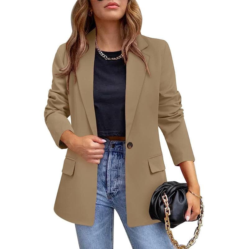 Women Business Jackets Long Sleeve Blazer Ladies Open Front Work Casual Plain Coats S khaki