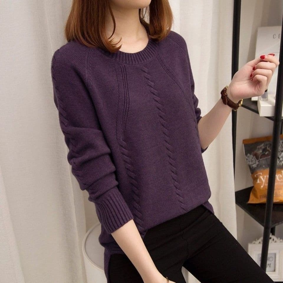 Pullover Sweater Women Autumn and Winter Round Collar Sweater Long Sleeve Short Bottoming Shirt Womens Loose Coat XL dark purple