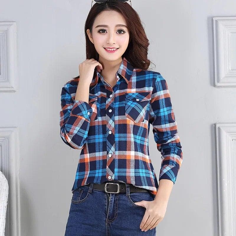 Women's Spring and Autumn Plaid Shirt Casual Long Sleeve Pocket Cotton Shirt XL
