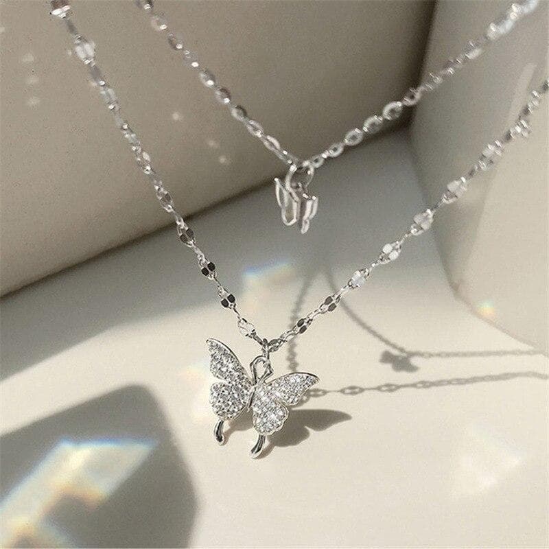 2022 New Shiny Butterfly Necklace For Woman Girls Ladies Exquisite Double Layer Clavicle Chain Necklace Fashion Jewelry Gift