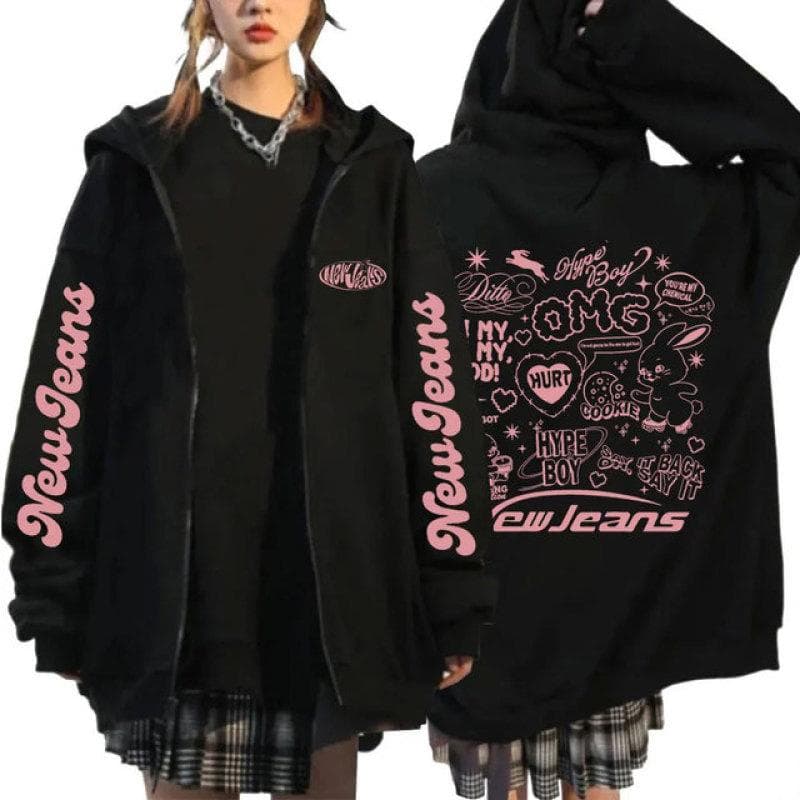 Korean NewJeans Bunny Kawaii Graphic Zip Up Hoodies Fashion Kpop Style Cute Hoodie Men Women's Casual Jackets Zipper Sweatshirts M