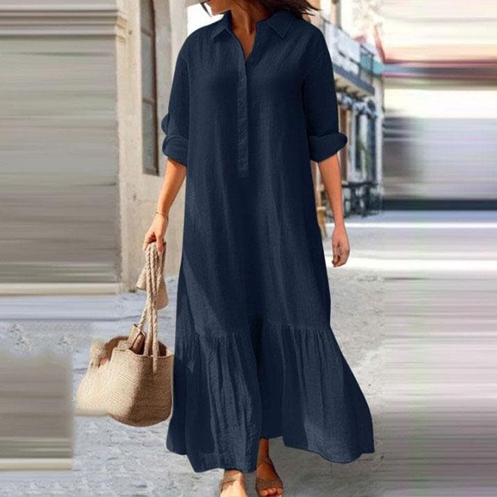 Summer Cotton Linen Women Dress Black Loose Long Sleeve Shirt Dresses Female Summer Casual Oversize Elegant Clothes Ladies M dark blue