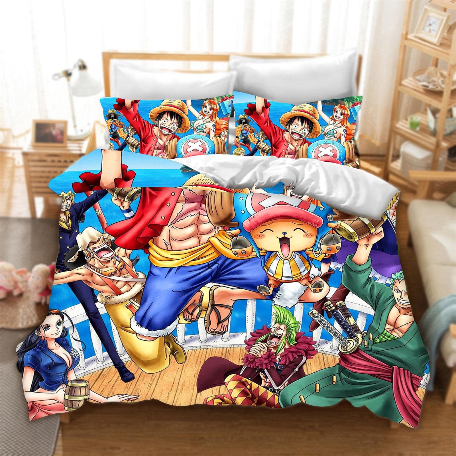 One-Piece Anime Duvet Cover Set Comforter Printed Nika Luffy Gear Cartoon Twin Size Bedding Sets Gifts 3-pieces Set Home Decor US Full200x229cm