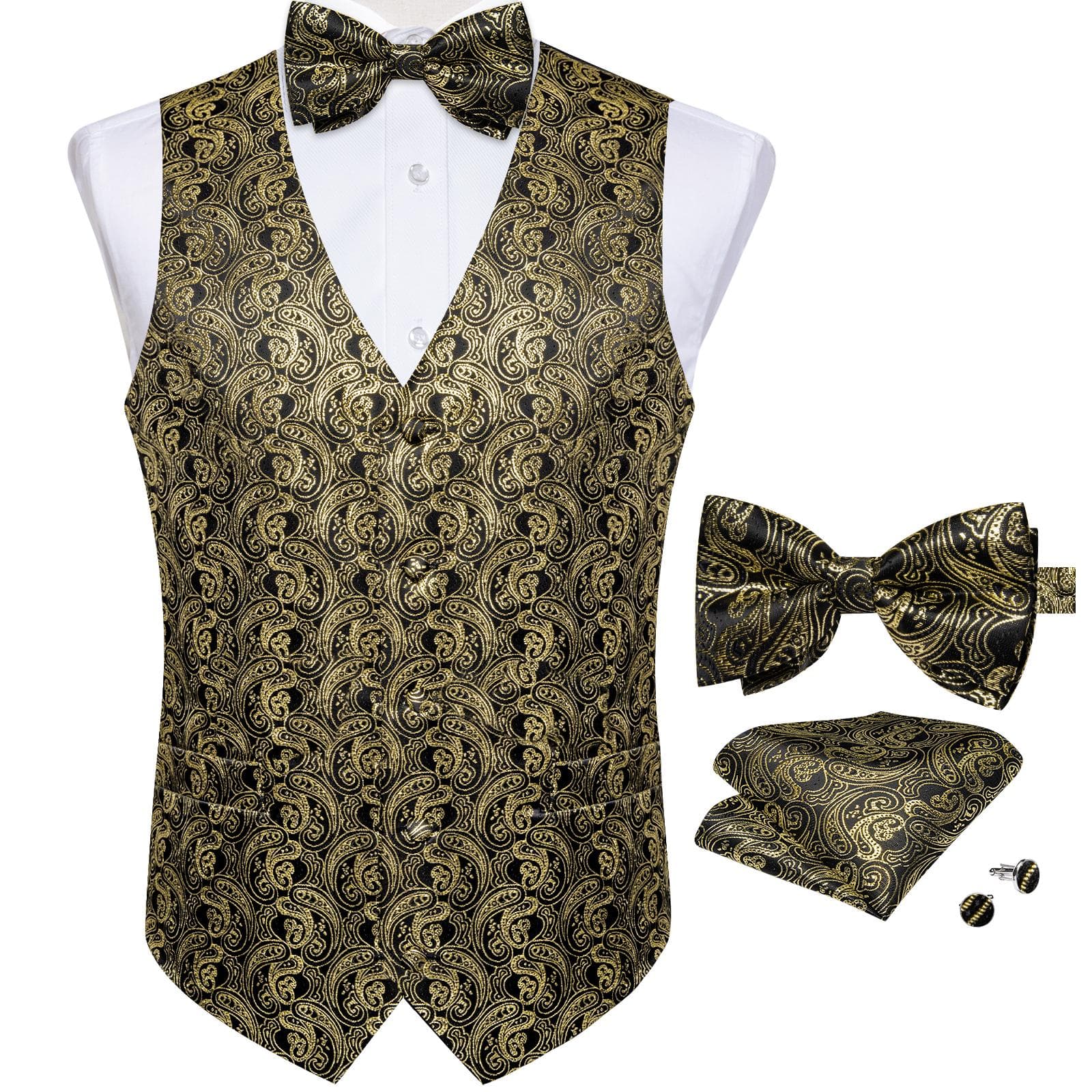 Dibangu Mens Yellow Paisley Vest Suit Waistcoat Hanky Cufflinks Tie Set Wedding S