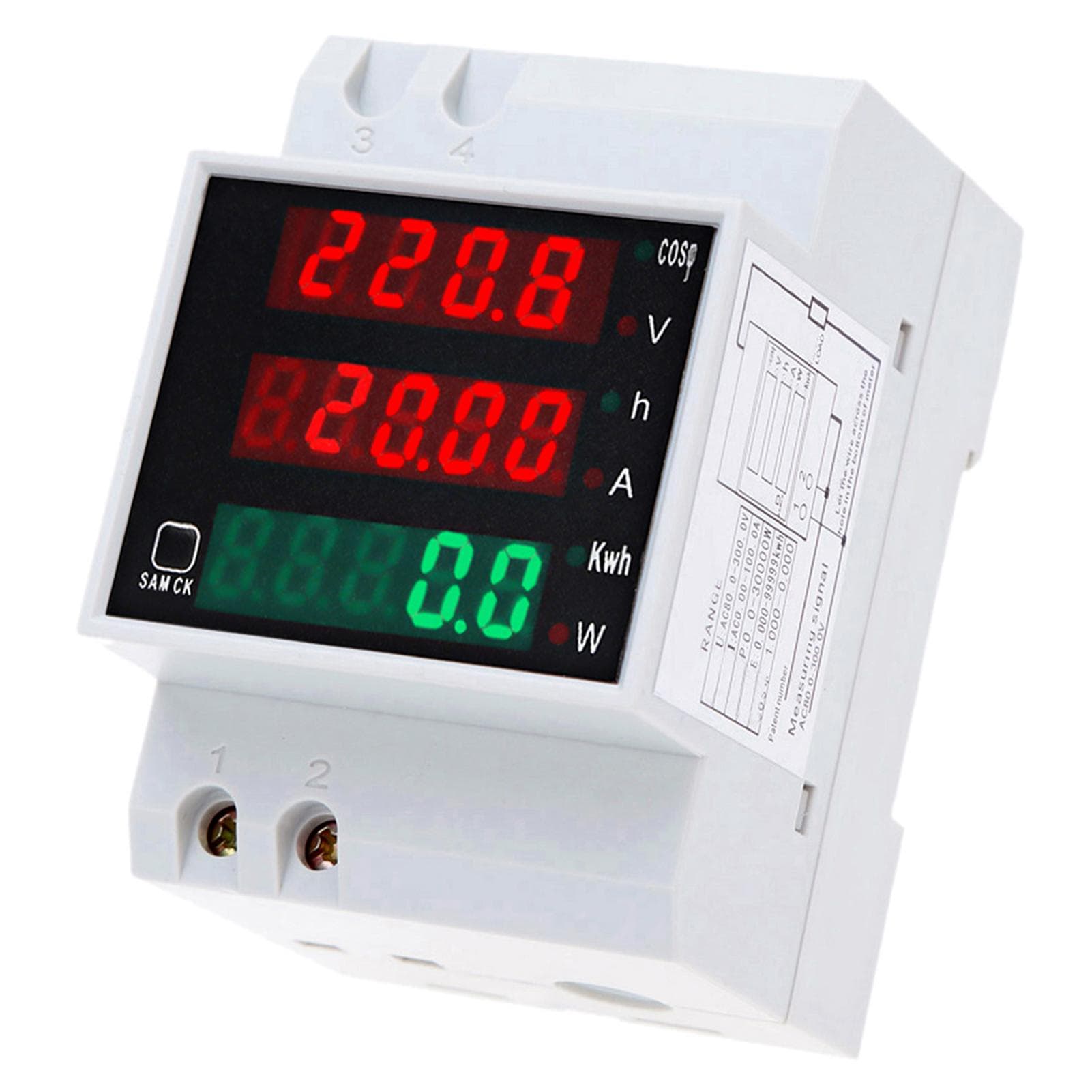 AC80-300V 100A Multi-functional Digital Din Rail Current Voltage Power Factor Meter Ammeter white