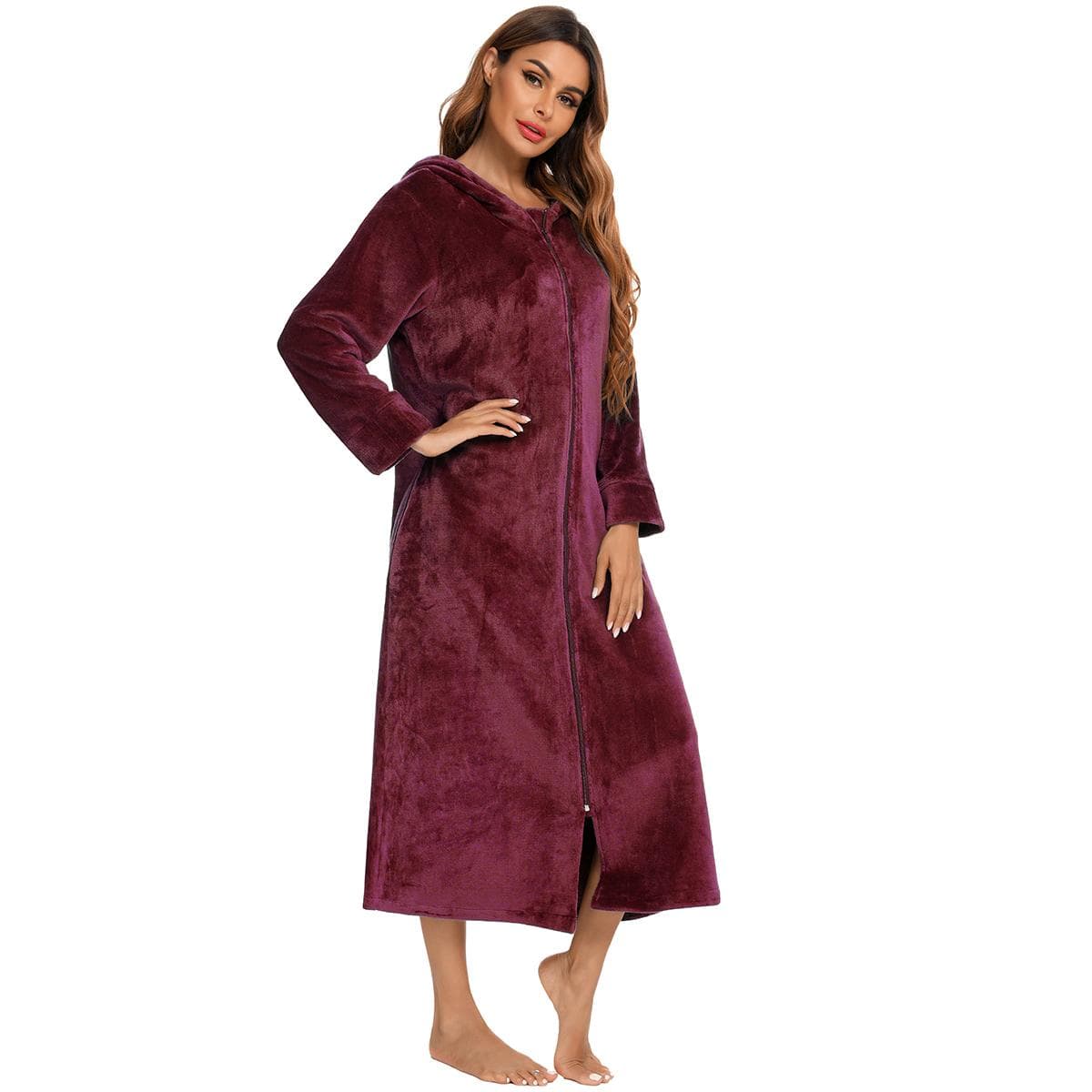 Women's Zip Up Plush Fleece Robe Hooded Warm Long Bathrobe Dressing Gown Winter Cozy Zipper Lounger Sleepwear Housecoat Loungewear Nightgown S burgundy