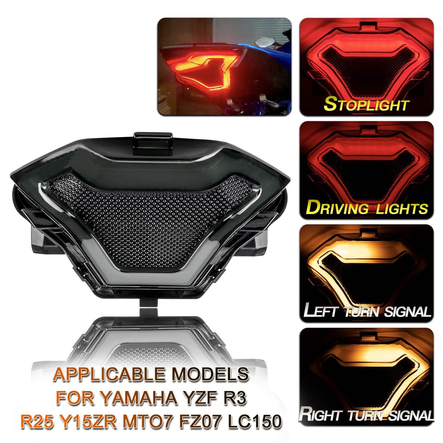 LED Tail Light Motorcycle Brake Light Tail Lamp with LED Turn Signals Replacement for Yamaha YZF R3 grey