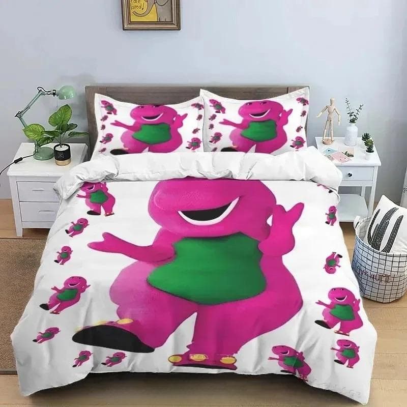 Barney Friends Cute Cartoon Bedding Set Dinosaur Pattern Duvet Cover Pillow Case boys Bedroom Double King Size Comforter Gift 155X220cm-3pcs