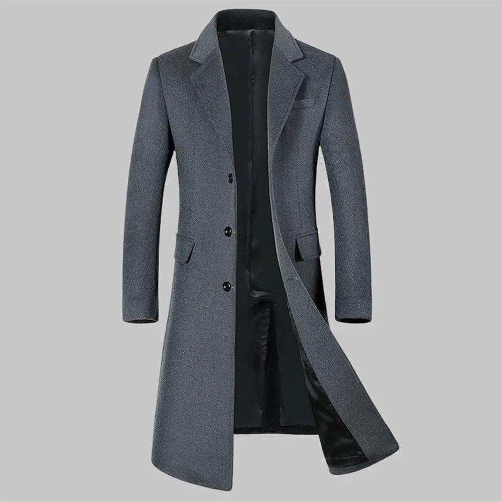 Spring Autumn Men's Woolen Coat Long Over The Knee Suit Collar Men's Coat M grey