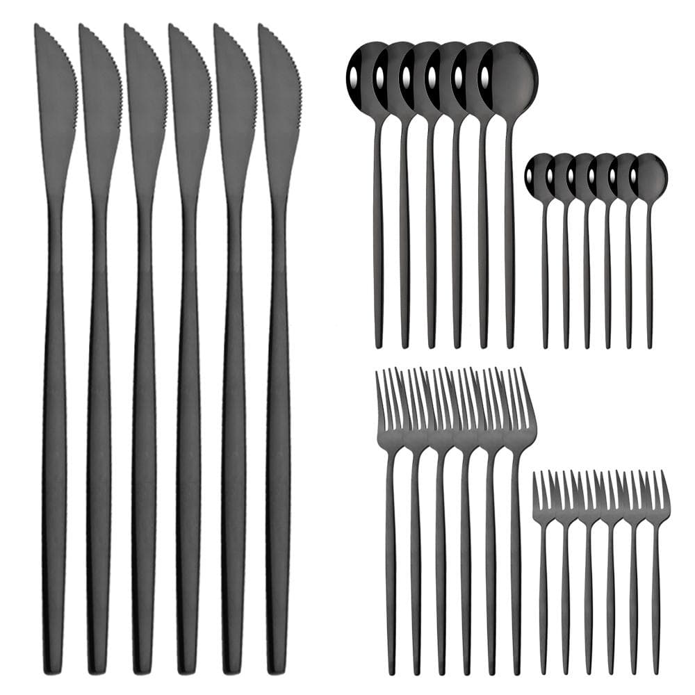 30Pcs Black Gold Cutlery Set Knife Cake Fork Spoon Dinnerware Set Flatware Stainless Steel Silverware Party Kitchen Tableware black