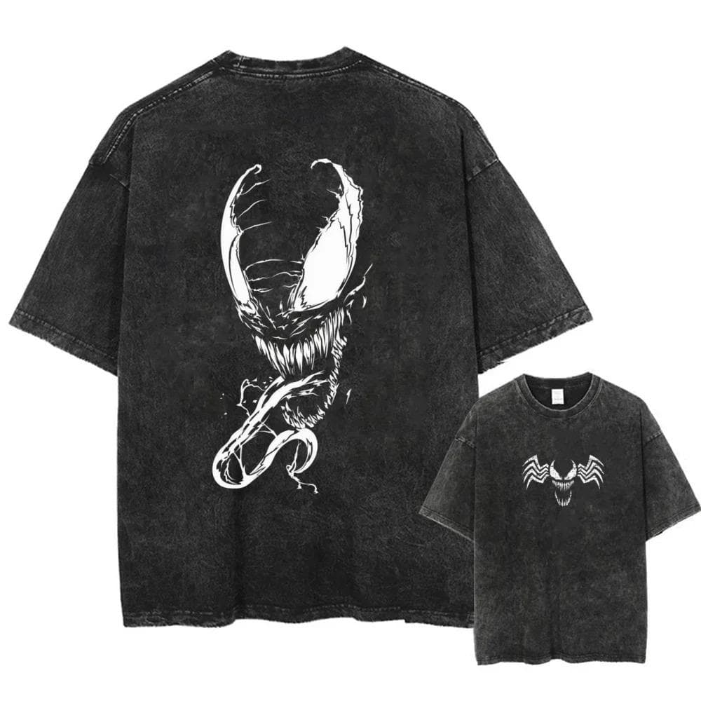 Spider Man Printed Short Sleeved T-shirt For Autumn Casual Men's Streetwear Retro Distressed Washed Oversized Harajuku Cotton Material S black