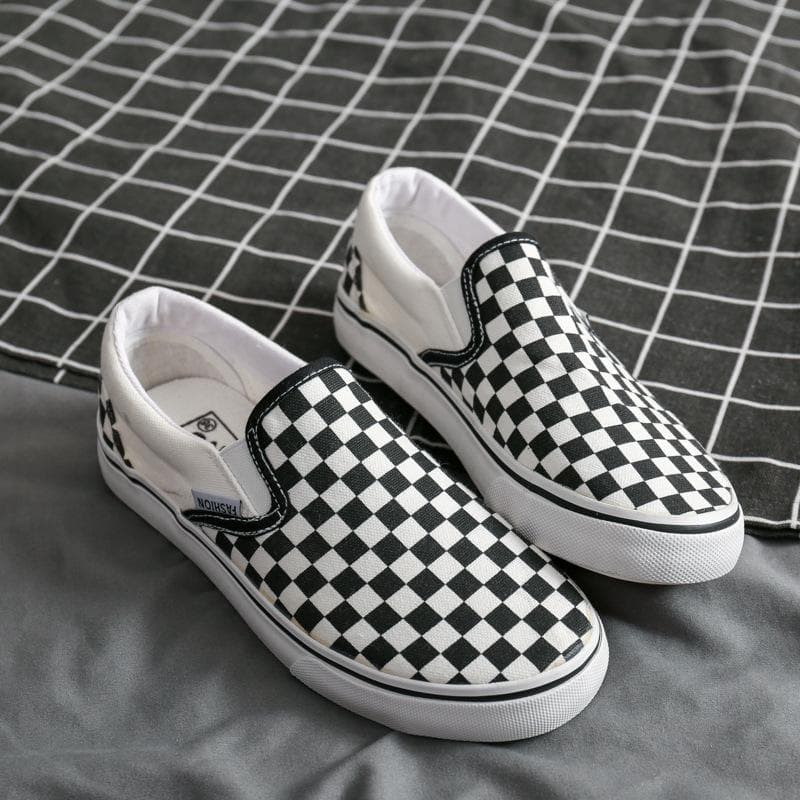 Loafers Men's Spring New Black and White Plaid Canvas Shoes Couple Sneakers 37