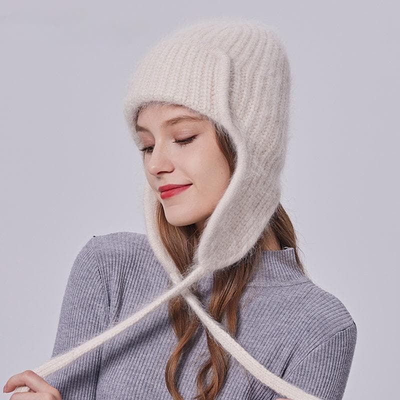 Women Winter Angora Earflaps Hat Warm Fluffy Angora Rabbit Fur Knit Hat Female Thick Fleece Lined white