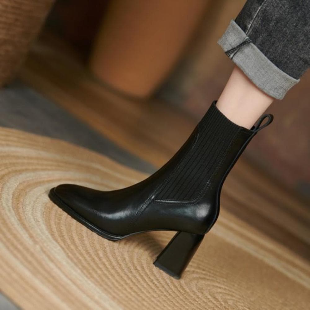 Solid Color Nude Boots Women Square Head Spring and Autumn New Slim Knitted High-heeled Slip-on Comfortable Women's Boots 40 black