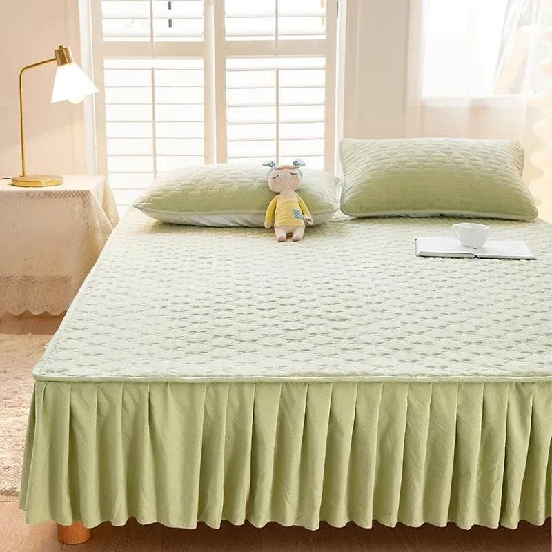 Solid Color Cotton Fitted Sheet Bed Skirt 2-in-1 Mattress Dust Protection Cover Modern Minimalist King Bed Skirt Bedspread 90x200cm 3pcs