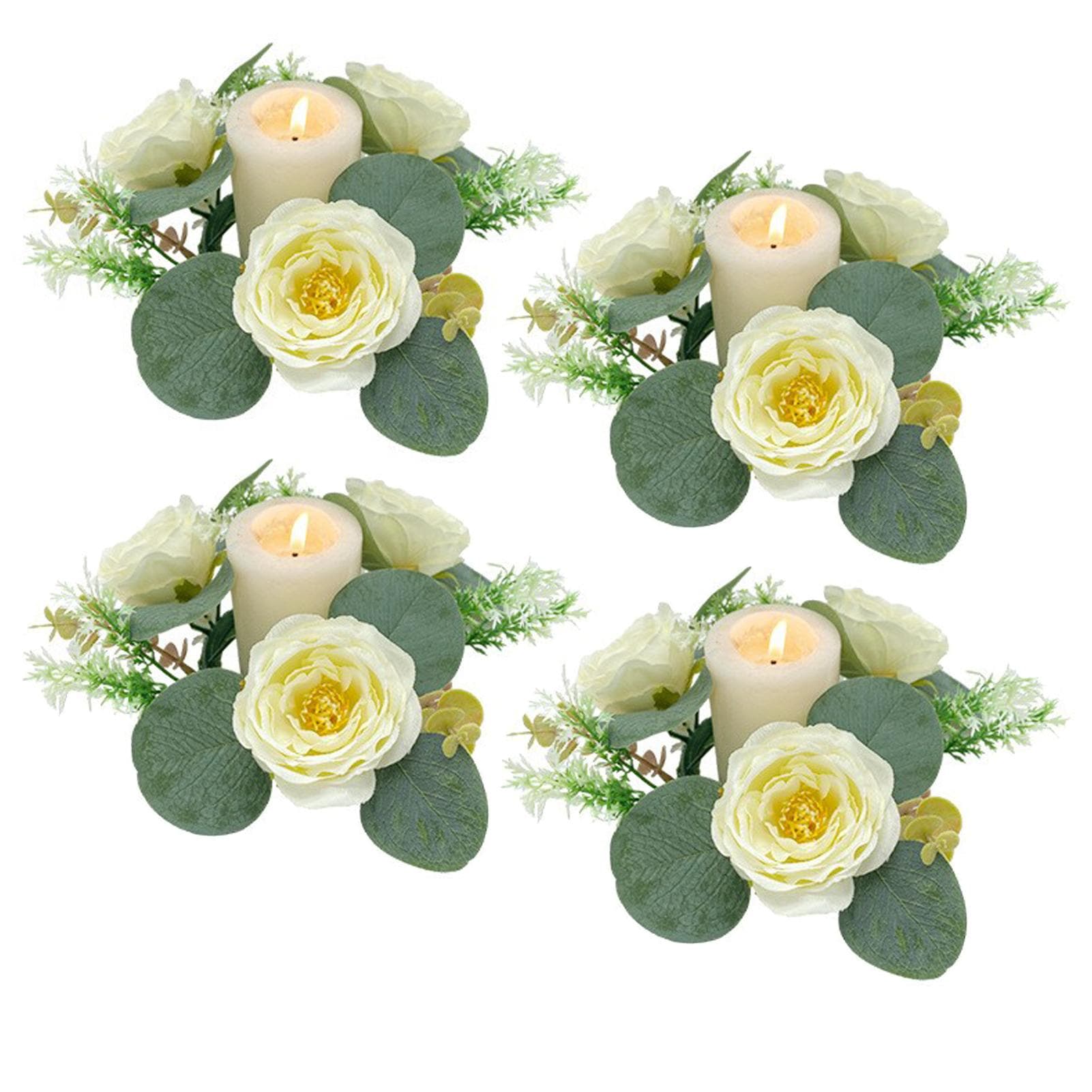 4 Pcs Candle Rings Artificial Camellias Leaves Wreath for Spring Summer Wedding Home Door Tabletop 4pcs