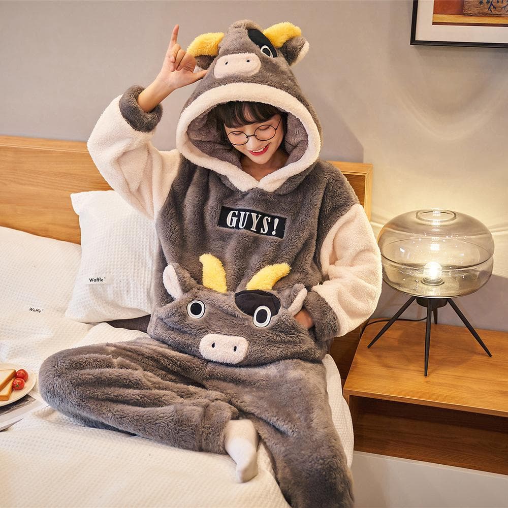 Women's Winter Outfit Long Flannel Cute Carton Large Women's Warm Fun Lounge Clothes Women's Hooded Plush Pajamas M