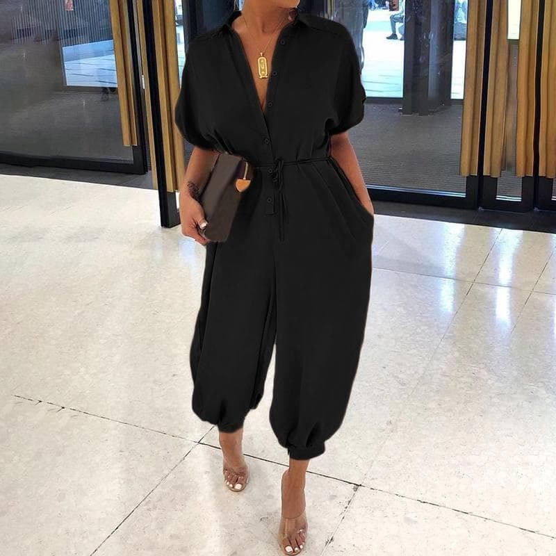 New Leopard Print Jumpsuit Women Retro Women Short Sleeve Button Casual Pants Loose Large Size 4XL black