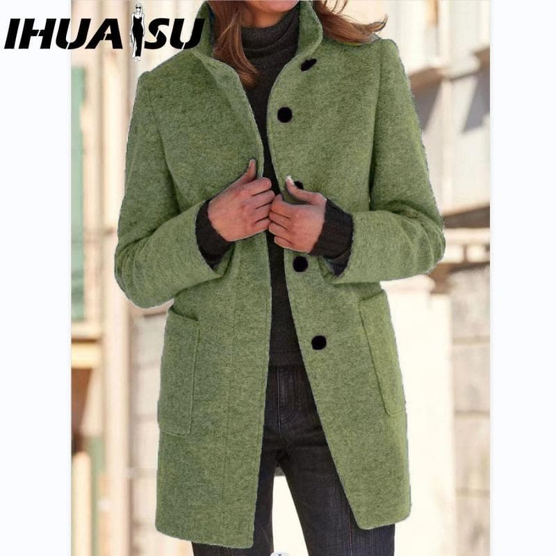 IHUASU Women's Vintage Casual lattice Print Autumn Winter Long Sleeve POLO Neck Jackets & Coats M green