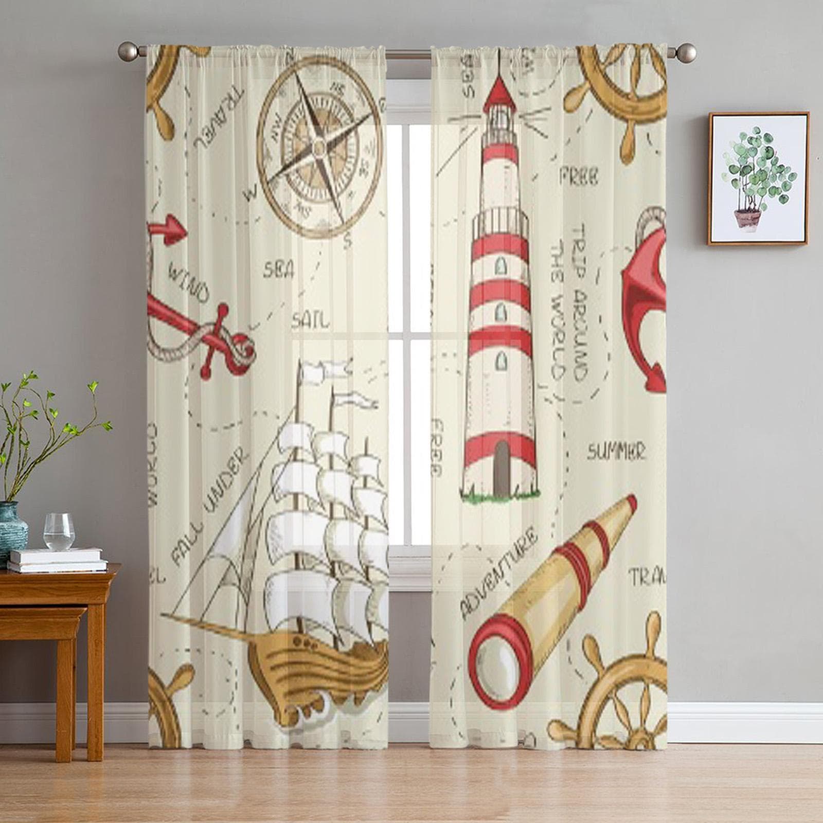 Nautical Of Sailboat Anchor Wheel Spyglass Lighthouse And Compass Sheer Curtains for Room Bedroom Window Voiles Tulle Curtain 135W x 114H(cm)