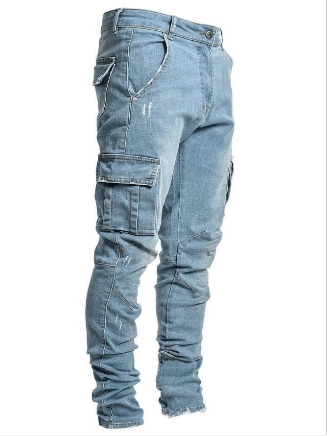 Street Elastic Jeans Men Denim Cargo Pants Wash Pockets Casual Mid Waist Trousers Slim Fit Wear Joggers XXXL blue