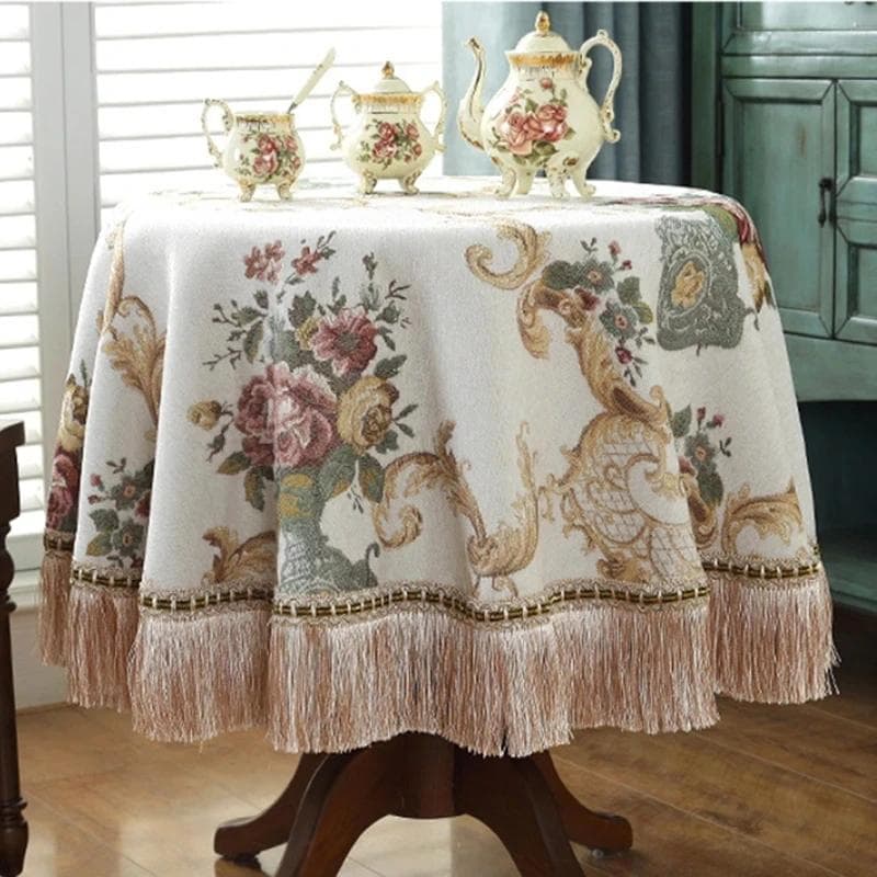European Luxury Round Tablecloths Rose Jacquard Dining Table Cloth Tassels Retro Chenille Table Cover Wedding Party Events Home 180cm-Round