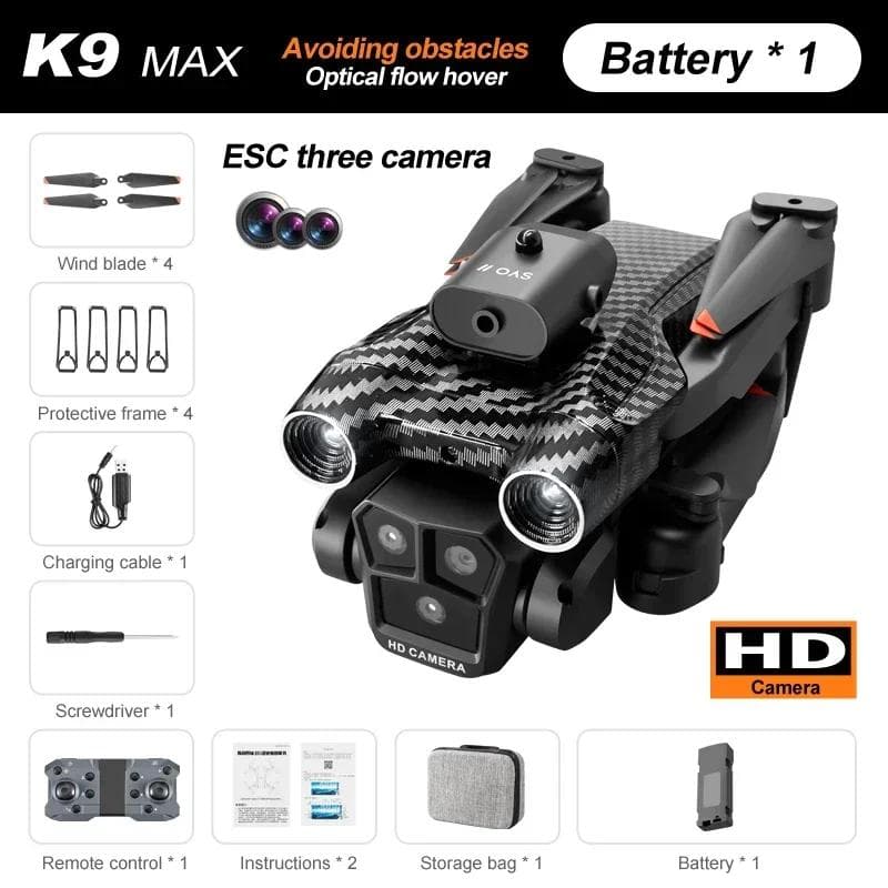 New K9Max Rc Drone Professional 8K Three-camera ESC Wide-angle Optical Flow Positioning Four-way Obstacle Avoidance Quadcopter Toy Gift 4k 1 battery gray/black