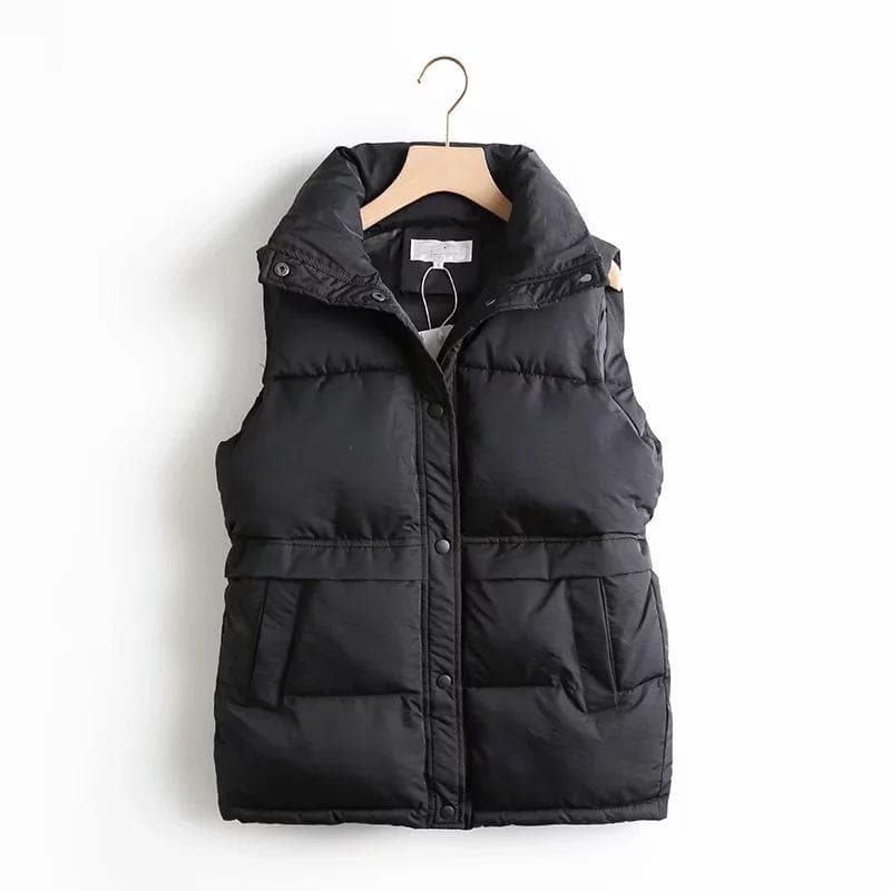 Fall Winter Women Cotton Liner Short Vest Parka Jacket Coat Turn-down Collar Preppy Style Zipper Pockets Drawstring Waist Sleeveless Solid M-5XL XXL black