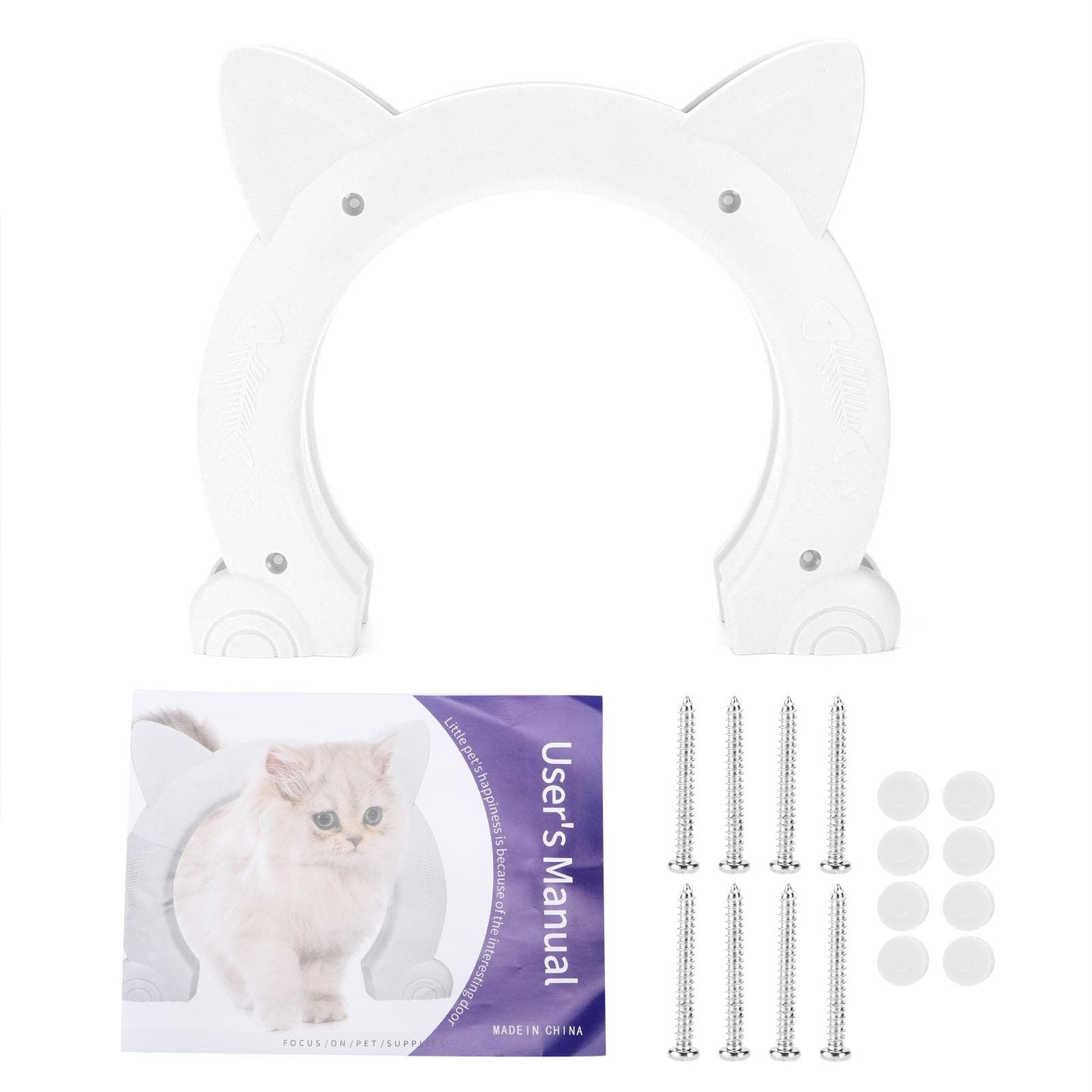 Cat Door Interior CatHead Shaped Plastic Cat Pass Through Door with Fish Bone Pattern(Black ) white