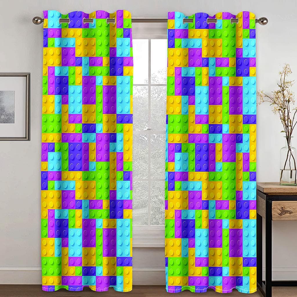 Kids Like Cartoon Game Handle Color Square Curtain 2 Panel Boys Room Bedroom Living Room Window Decoration Curtains 100W160H(CM)40x63in&Hook