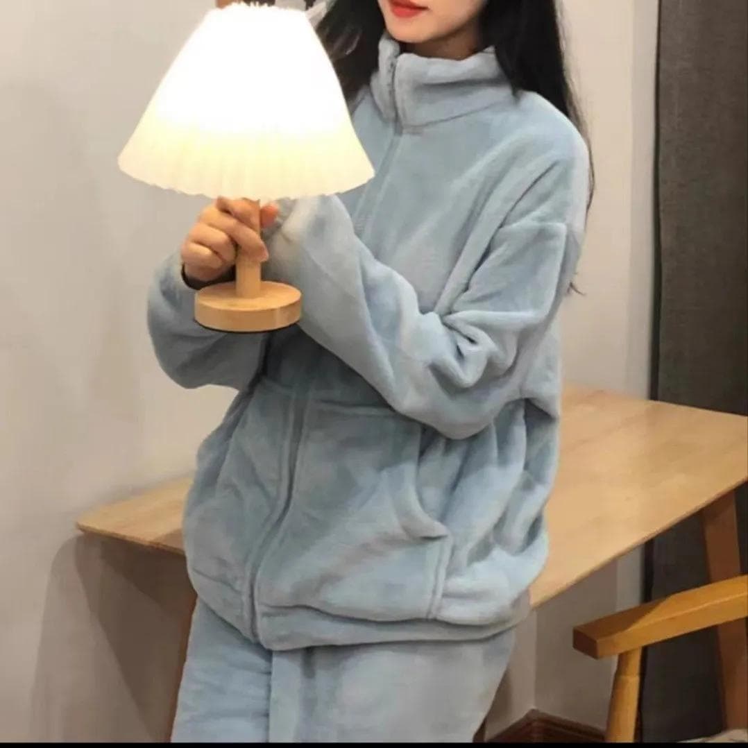 Women Solid 2Pcs Pajamas Suit Nightwear Pink Long Sleeve Warm Coral Nightwear Autumn Winter Pjs Top&pants Soft Loungewear XL blue