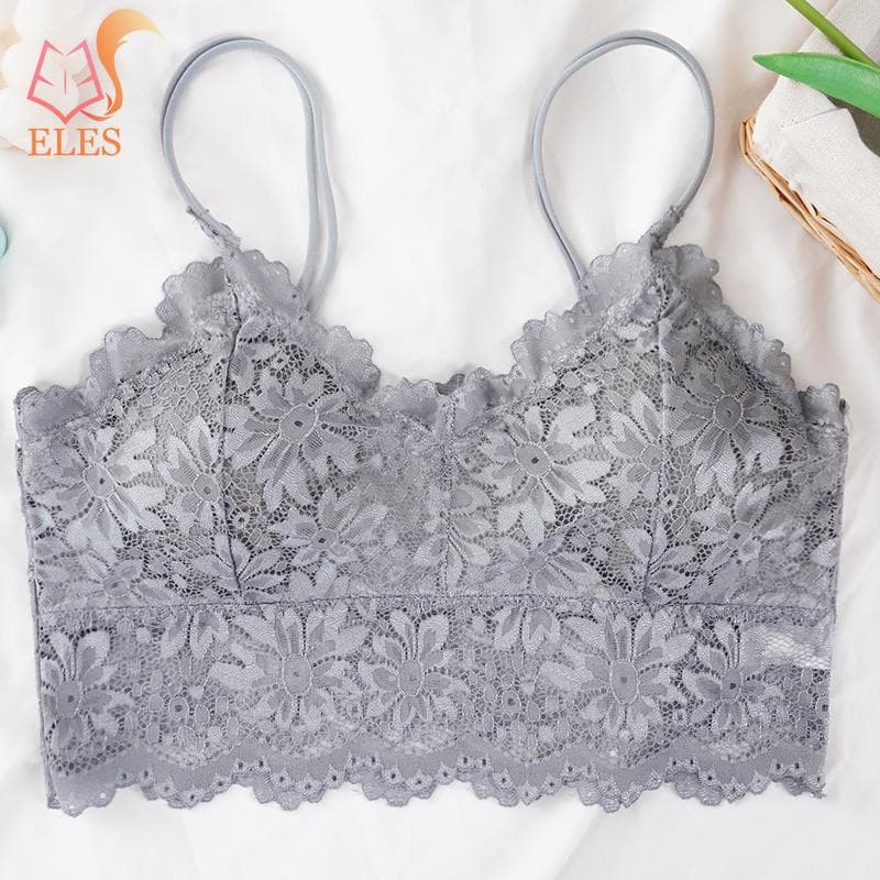 Women Lace Flower Bra Double Strap Backless Tank Top Vest No Restraint Breathable Underwear L/XL grey