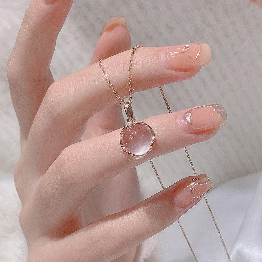White Chalcedony Necklace with Pink Crystal Pendant - Luxury High-End Clavicle Chain for Women