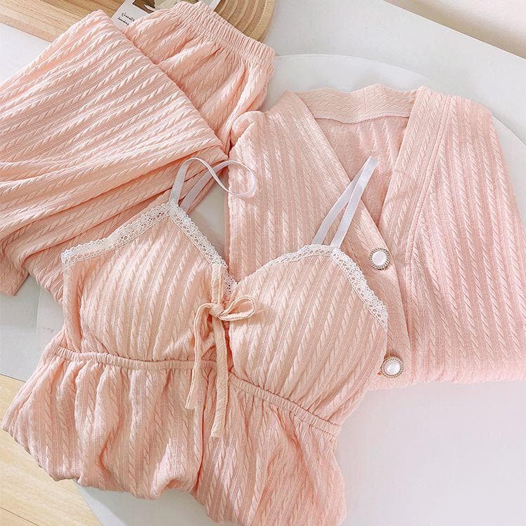 Plus Size Pajamas Women's Three Piece Set Spring Autumn Cotton Long Sleeved Chest Cushion Suspender Sleepwear Summer Homewear 5XL pink