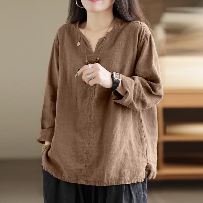 ZANZEA Womens Casual V-neck Long Sleeve Cotton Blouse Tops M brown