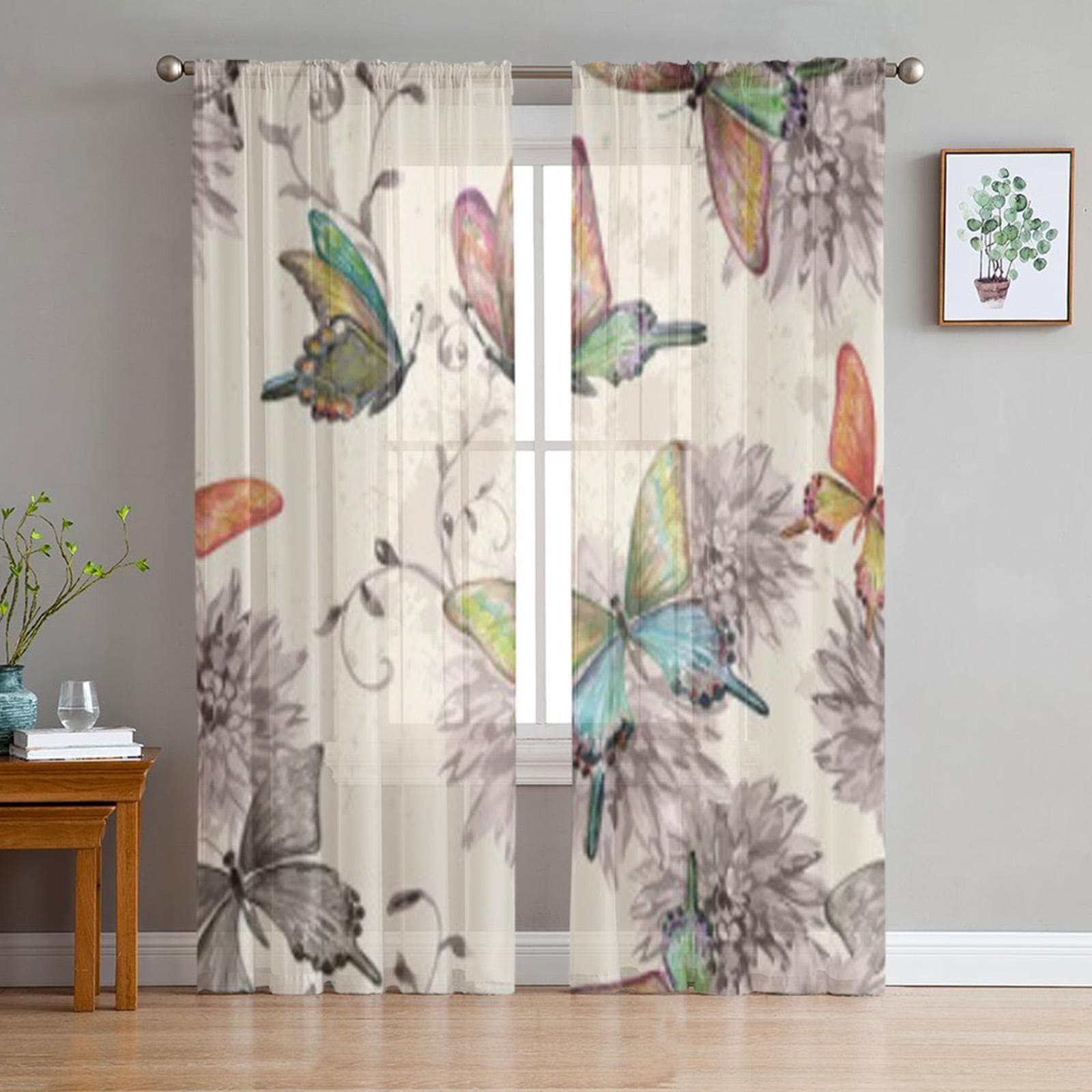 Vintage Flying Butterflies Sheer Curtains for Living Room Transparent Tulle Window Curtain Bedroom Kitchen Decor Veil Drapes 135W x 114H(cm)